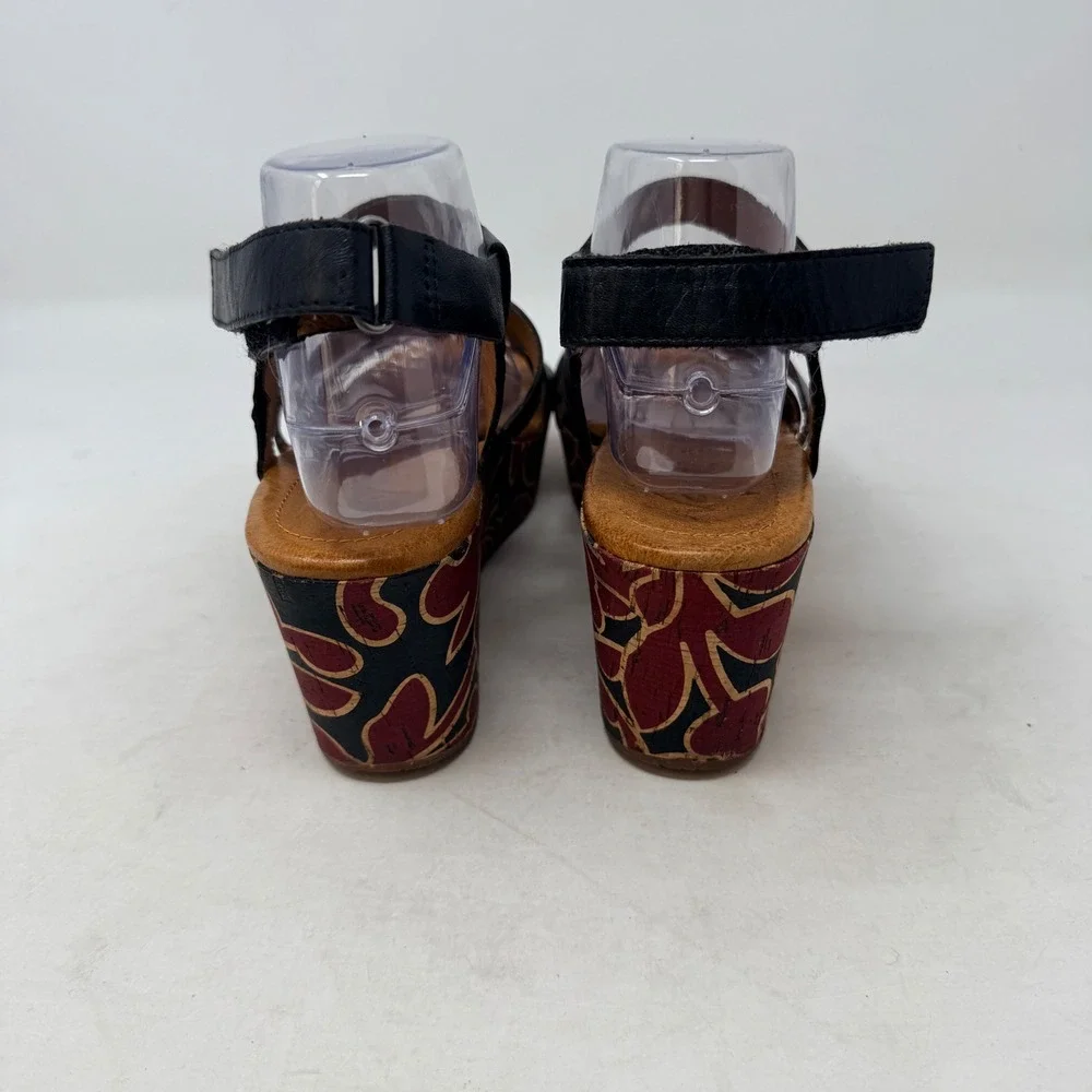 Naya Nalani Wedge Sandals Black 9.5M Floral Cork Strappy Leather Boho Summer